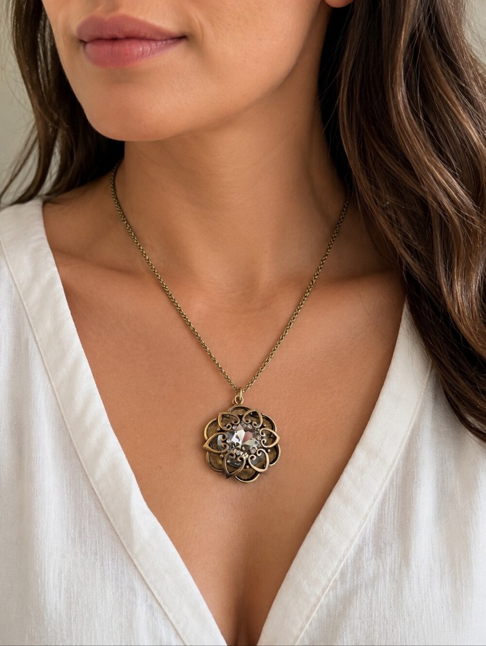 Vintage Gold Tone Large Crystal Rhinestone Heart Statement Pendant